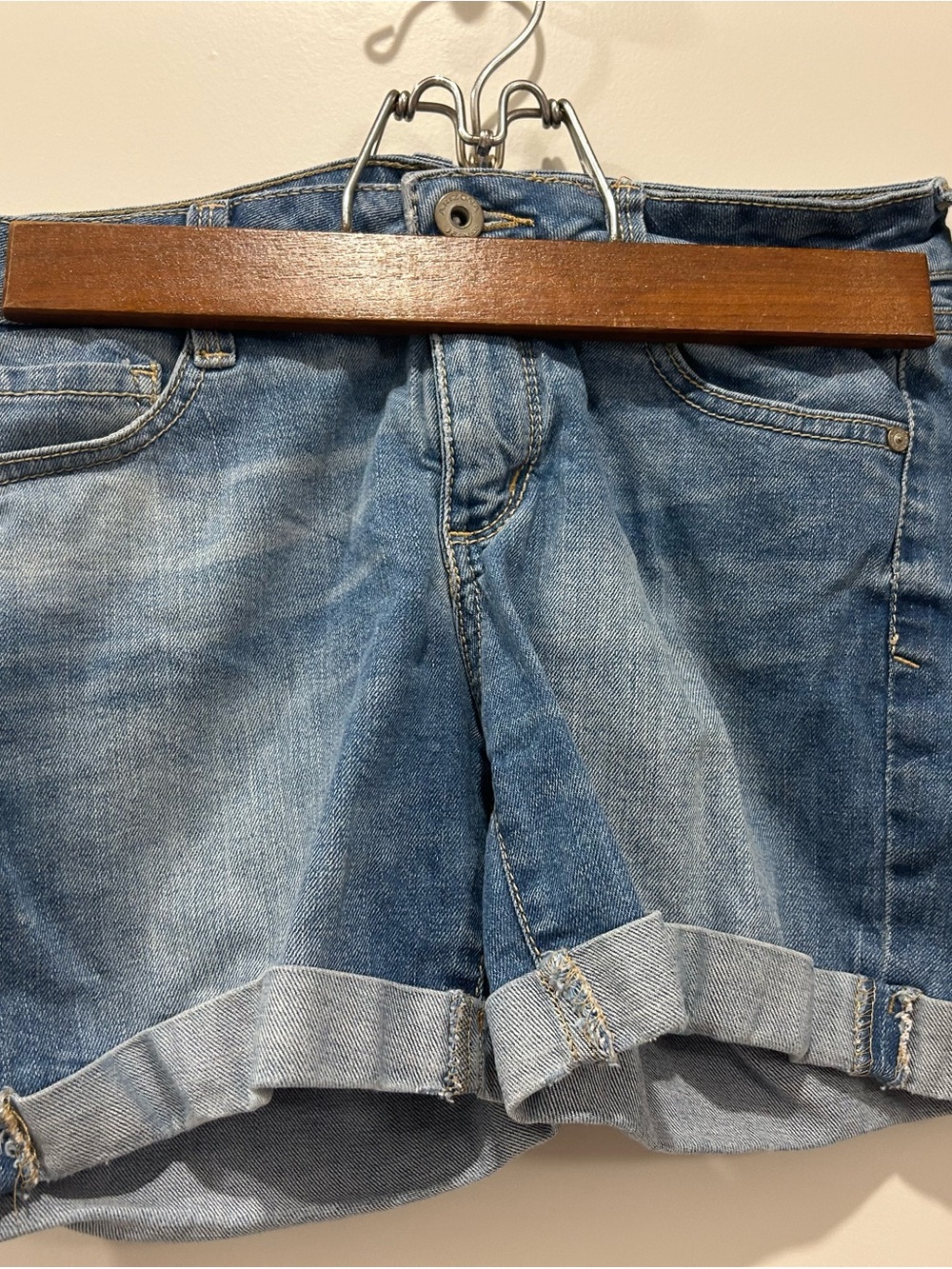 Arizona Jean Company Distressed Light Blue Rolled-Hem Denim Shorts